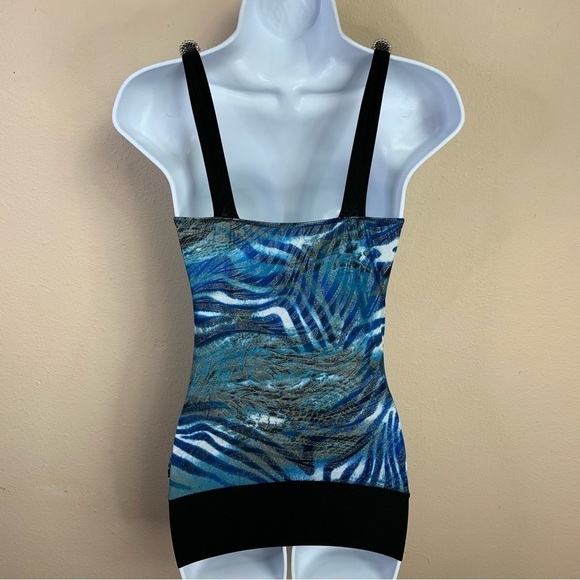 XS Vintage Y2k Blue Silver Shimmer Sleeveless Stretch Blouse Extra Small - Picture 5 of 7